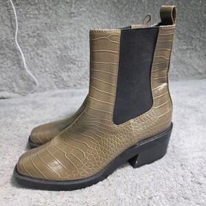 Open Edit Edayla Croc Embossed Square Toe Chelsea Boots Olive Green Women 7 NEW